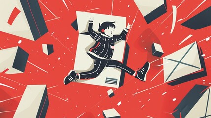 Funky illustration of little white black pattern school boy jumping inside out of large package box futurism mail transportation concept 