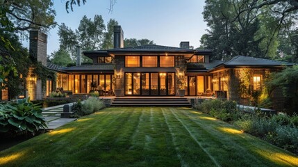 Design a custom outdoor lighting scheme with fixtures that complement the architectural style of the home. --ar 16:9 Job ID: 07ddba49-7970-43df-800f-51754ae52746