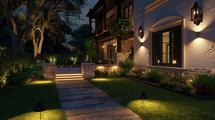 Obraz premium Design a custom outdoor lighting scheme with fixtures that complement the architectural style of the home. --ar 16:9 Job ID: 9c42f2cf-02af-4806-aaea-41832ec1297f