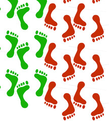 wallpaper features a playful and dynamic design made up of red and green footprints. The alternating colors and patterns create an energetic and whimsical background, perfect for adding a touch of fun