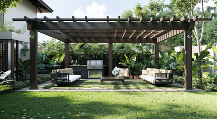 A modern wooden pergola with chairs and sofas under it, located in the garden of an apartment surrounded by greenery, grass, plants and trees.