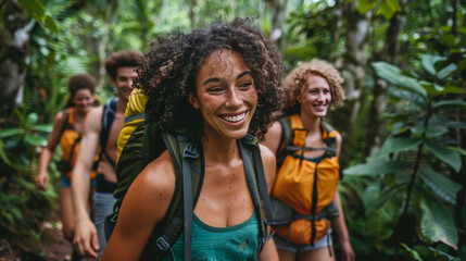 A group of multicultural friends with backpacks hiking and smiling in a lush jungle setting.