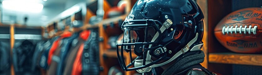Fototapeta premium A close up of a football helmet and football in a locker room. The helmet is black and the football is brown.