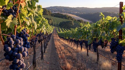 A sun-drenched vineyard overlooking rolling hills, with rows of lush grapevines heavy with ripening...
