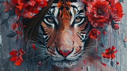  Oil paintings portrait of a girl and red flowers and a tiger on a gray background, in an expressive and impressionistic style, dripping .  