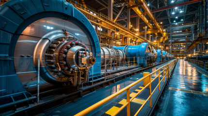 Obraz premium High-tech turbines in a massive industrial power generation facility with vibrant lighting.