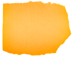 Isolated cut out torn piece of blank yellow orange paper note cardboard with texture and copy space for text, transparent png background
