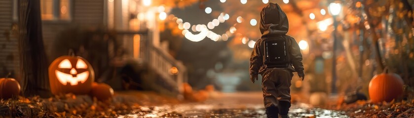 A young boy trick-or-treating alone on Halloween night.