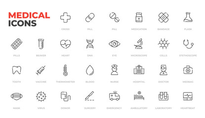 Medical icons set, line art minimal design: pills and bandage, nurse and doctor, heart and DNA, hospital and surgery, heart and eye, tooth and pills