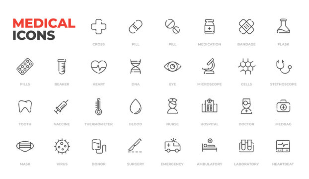 Medical icons set, line art minimal design: pills and bandage, nurse and doctor, heart and DNA, hospital and surgery, heart and eye, tooth and pills