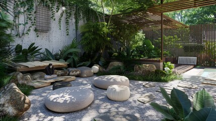 Design a serene meditation or yoga garden with tranquil seating and natural elements. --ar 16:9 Job ID: c5677f40-8d2d-4abb-9e87-753806ed30c2