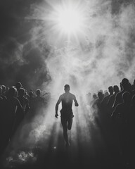 A runner stands out in front of a crowd
