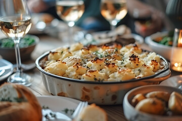 Cinematic, Family Gathering Sharing Shepherd's Pie Around a Table in Warm Natural Lighting
