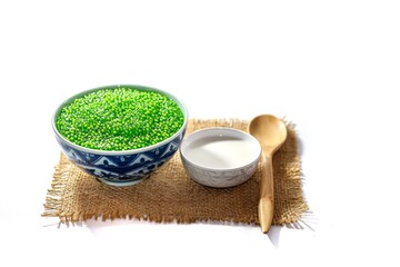 Dessert sago sweet serve with coconut milk on white background with isolated style.