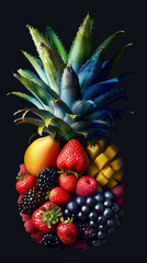 Pineapple made of various vibrant fruits on dark background