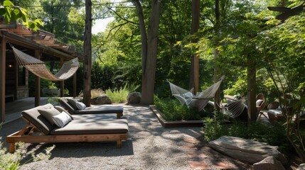 Experiment with different seating arrangements, such as built-in benches, lounge chairs, and hammocks. --ar 16:9 Job ID: a2fa0d95-aaf0-466e-a072-84f2f852743c