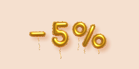 Discount creative composition with gold 5 percent off. 3d Golden sale symbol with decorative balloon numbers, minus and percent signs. Sale banner or poster on beige background vector illustration