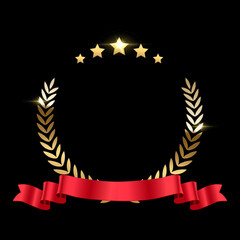 Gold laurel wreath with red ribbon, stars and place for name of winner. Award icon. Champion reward. 3d realistic luxury leadership prize for awarding ceremony, competition, championship, best player