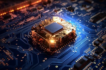 Fototapeta premium The holographic chip is surrounded by glowing lines symbolizing data flows. high-tech atmosphere and innovation in the field of electronics and information