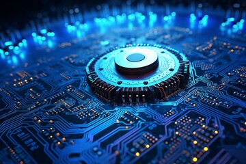 The holographic chip is surrounded by glowing lines symbolizing data flows. high-tech atmosphere and innovation in the field of electronics and information