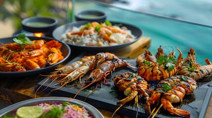Glistening trays of fresh seafood, marinated in tangy spices and grilled to perfection, served alongside fragrant lemon rice and zesty coconut chutney, against a backdrop of pristine coastal views.