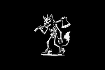 black and white skeletal wolf holding axe vector design