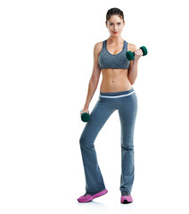 Woman, portrait and dumbbell training in studio for bicep workout or weightlifting, mockup or white background. Female person, equipment and muscle routine for weight loss health, strength or fitness