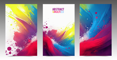 Watercolor colorful cover set. Stains and overlapping brushstrokes of varnish and ink with white space for text. Artistic brochures, flyers collection, booklet, presentations, creative cards.	