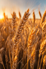 Golden ripe ears of wheat on nature in summer field at sunset rays of sunshine, close-up macro. Ultra wide format.