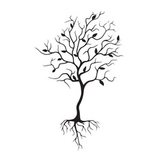 Black line minimalistic tree with roots and leaves, black line vector art