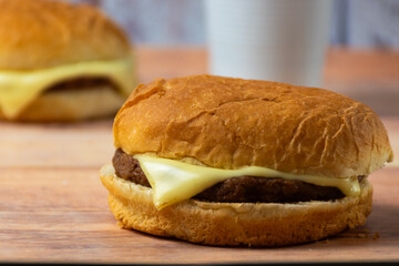 hamburger on a wooden table