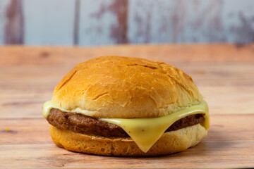 hamburger on a wooden table