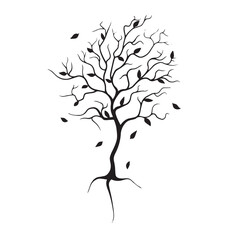 Black line minimalistic tree with roots and leaves, black line vector art