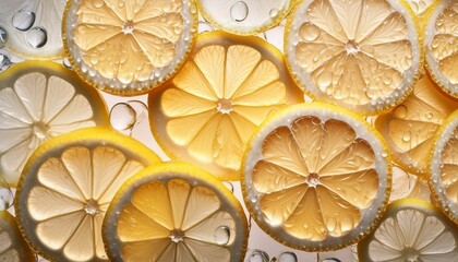 Slice of lemon with water droplets, top view, white background