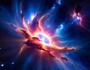 A digital representation of a nebula blossoming in space, radiating vivid blue and orange hues against the starry backdrop.. AI Generation