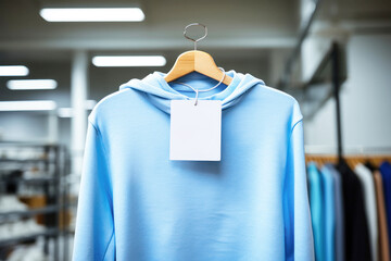 A blue hoodie adorned with a price tag hangs gracefully, telling a story of stylish possibilities and potential ownership. mockup for design