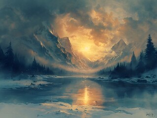 Breathtaking Landscape of Majestic Snow-Capped Mountains Reflecting in a Serene Frozen Lake at Sunset