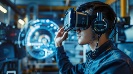 A man using advanced virtual reality equipment to interact with futuristic digital interfaces in a tech lab.