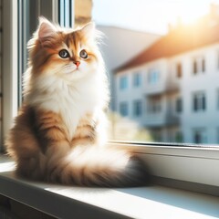 cute cat sitting next to the window, sunset