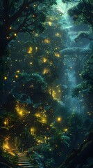 Fototapeta premium Enchanting Moonlit Fairytale Forest with Glowing Lights and Serene Atmosphere