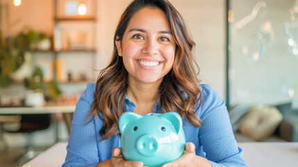 Smiling Woman Holding a Piggy Bank in Office