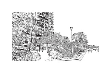 Fototapeta premium Print Building view with landmark of Santa Pola is a coastal town in Spain. Hand drawn sketch illustration in vector.