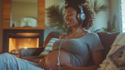 "A pregnant woman resting on the sofa while listening to music with headphones, gazing at her bare belly to feel her baby.