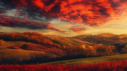 A tranquil countryside landscape with rolling hills blanketed in vibrant shades of autumnal foliage, framed by a sky painted in hues of fiery red and burnt orange. 