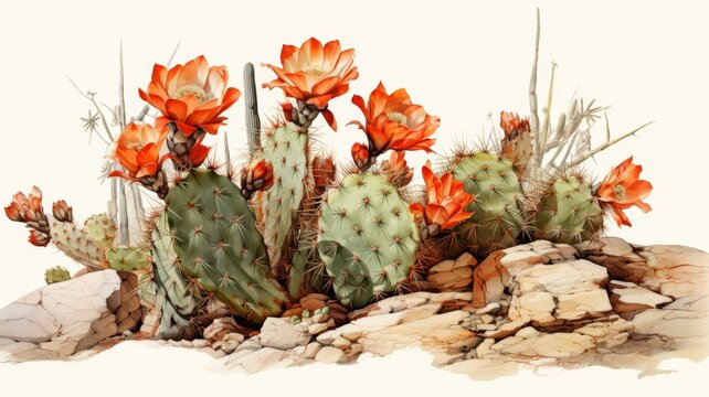 Beautiful watercolor painting of blooming cacti with vibrant orange flowers in a desert landscape