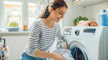 Smiling Woman Doing Laundry at Home