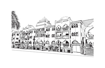 Print Building view with landmark of Santa Pola is a coastal town in Spain. Hand drawn sketch illustration in vector.