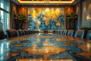 A large map of the world is on a table in a room with many chairs. The room is filled with people,...