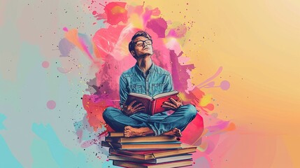 Modern sketch of scholar with textbook pile try balance free study time meditate om isolated on bright color background 