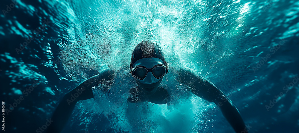 Wall mural Concept of marine immersion and swimmer exploration. A male swimmer taking a deep dive in ocean waters. Undewater view.